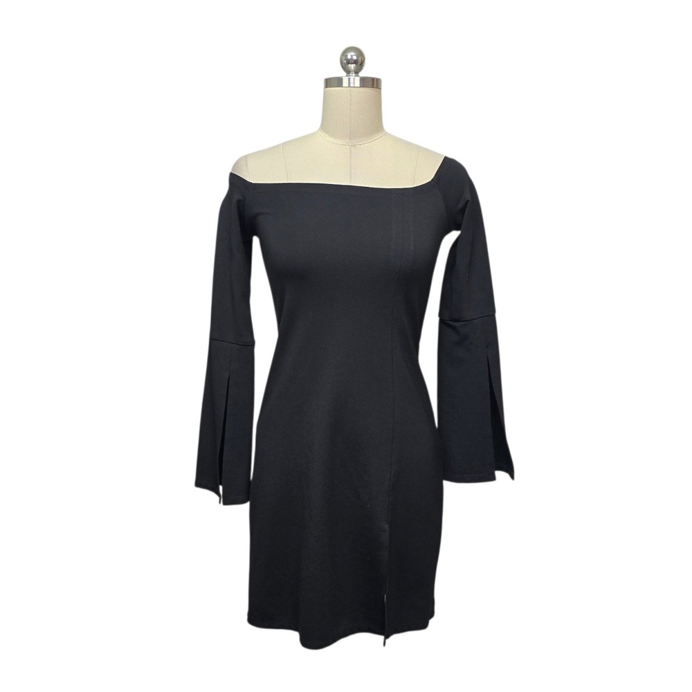 Alexis Black Off The Shoulder Bell Sleeve Mini Dress Size Small Split Cuff LBD